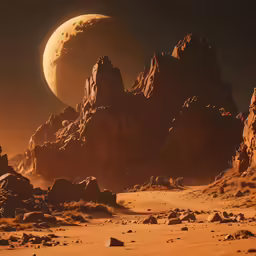 an alien land scene with an moon and mountains