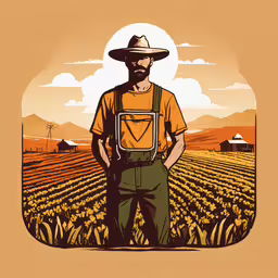 a man wearing a hat and overalls stands in a field,a man in a hat stands in front of a field with a windmill