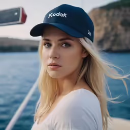 a blonde woman wearing a hat in front of a body of water