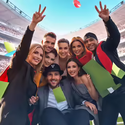 the group is standing together at a stadium