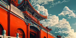a red wall sits in front of the clouds