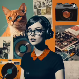 a girl with headphones with a camera, and a cat