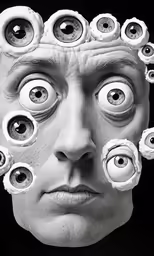 a man has different eyes and is wearing eyeballs