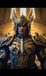 an older, young man wearing gold armor with golden wings