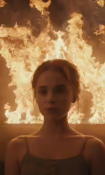 a woman standing in front of a wall full of flames