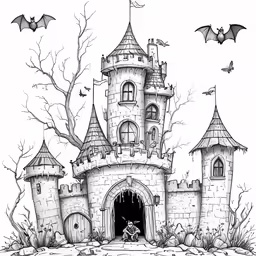 a very cute castle with bats flying out of it