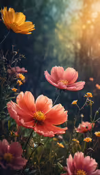a group of large flowers sit next to each other,a field of flowers with sunlight in the background