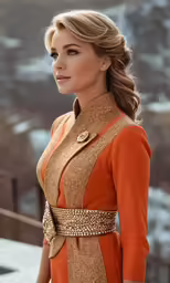 the blond woman is dressed up and posing in an orange dress