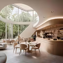 a large open room with white walls and floor to ceiling windows