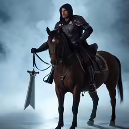 the man in black suit is riding on a horse