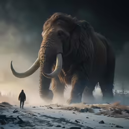 a man is standing in front of an enormous wooly mammoth