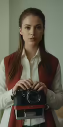 a young woman standing with a camera in her hand