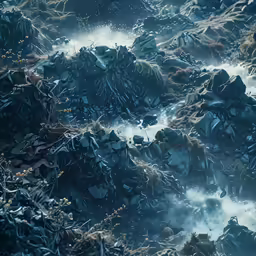 the background of many abstract rocky terrain with fog and ice