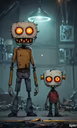 two little kids with orange eyes in the dark