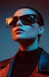 a woman wearing sunglasses standing against a blue background