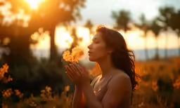 the girl in a dress is smelling dandelions