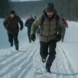 people running through the snow while holding ski poles