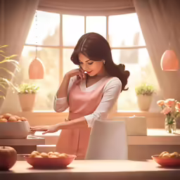 a woman standing in a kitchen next to a window