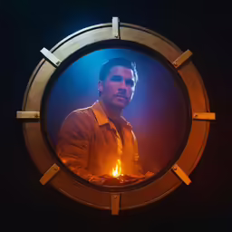 a man looking in to a round window with some flames