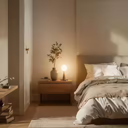 a bedroom has been decorated with a very warm neutral color scheme