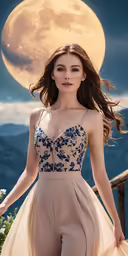 the model in beige jumpsuits and a dress with a blue flower