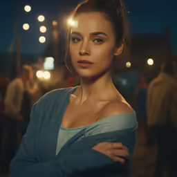 a woman is wearing a blue sweater while posing for a photo