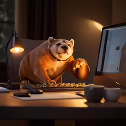 dog figurine posed on keyboard in front of monitor