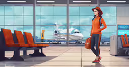 the airport woman is standing next to some orange chairs,a woman standing in a lobby near an airport waiting area