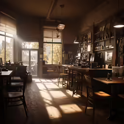 a long room filled with tables and chairs