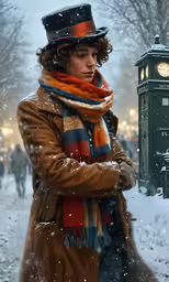 a woman stands under a clock in a snowy city