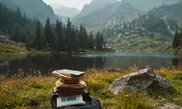 books and supplies piled on top of each other while sitting on the back of a backpack in a field near a pond in front of mountains