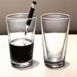 a pen in a glass, which sits beside it on the table