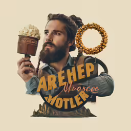 man with popcorn and pretzel in his hand holding a movie poster