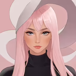 a woman with long pink hair and blue eyes