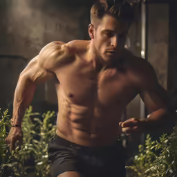shirtless man in short shorts and no shirt running