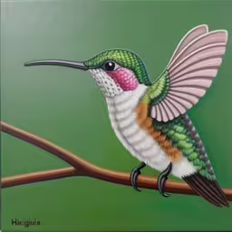 a painting of a hummingbird on a branch,a painting of a hummingbird on a branch