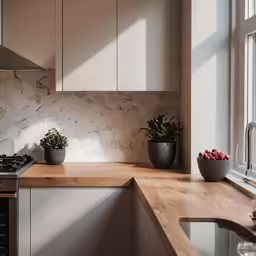the kitchen counter top has three pots of plants on it