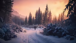 a person walking down a path covered in snow