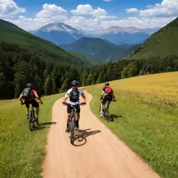 three people on bikes riding down a dirt road