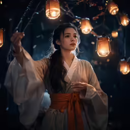 a woman in a kimono holding a lantern in the dark