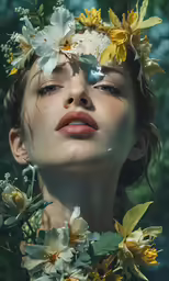 a woman with flowers around her head