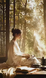 a woman in white sitting down on a porch