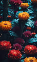 a bunch of orange and red flowers in a garden,many different colors flowers with leaves