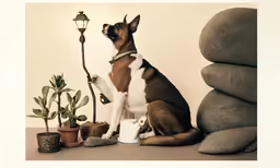 a dog sits with a lamp next to some plants