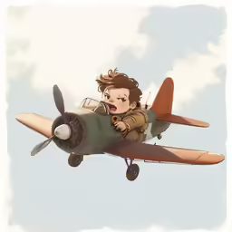 the boy is flying on a small airplane