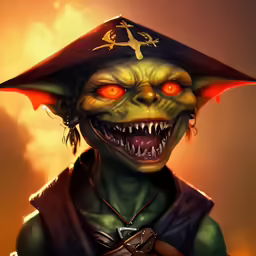 a portrait of a demon wearing a red hat with horns