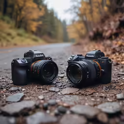 two cameras laying on the ground next to each other