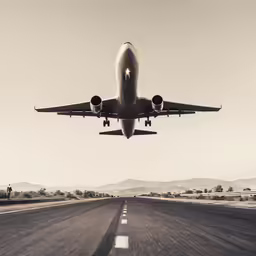 an airplane taking off on the runway with its wheels down
