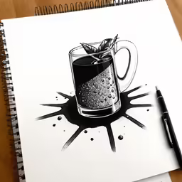 an ink drawing of a glass mug of liquid