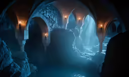 inside of a stone cave with lit up rooms